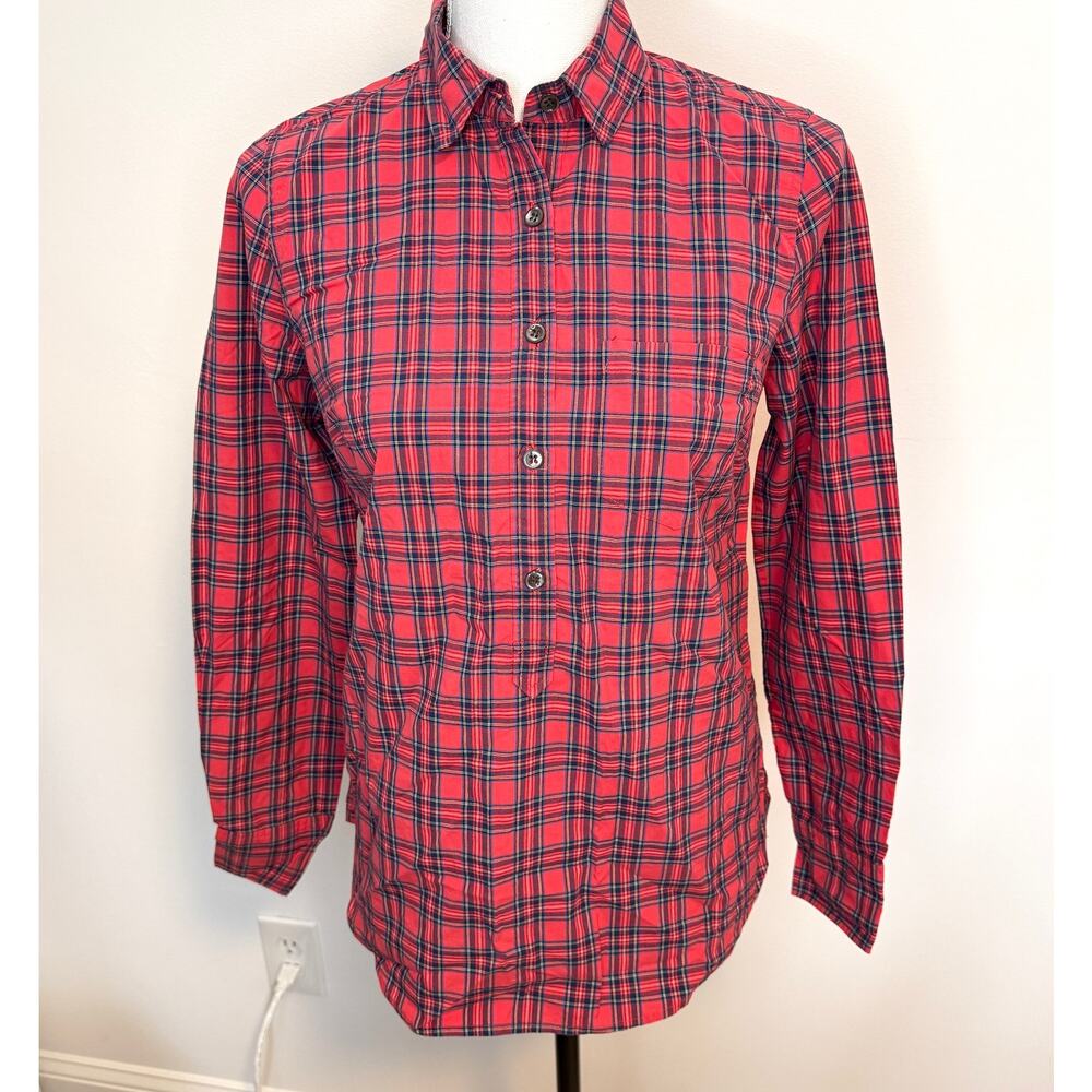 J. Crew Tartan Plaid Cotton Collared Popover Top Blouse In Red Size 0 - Picture 2 of 11